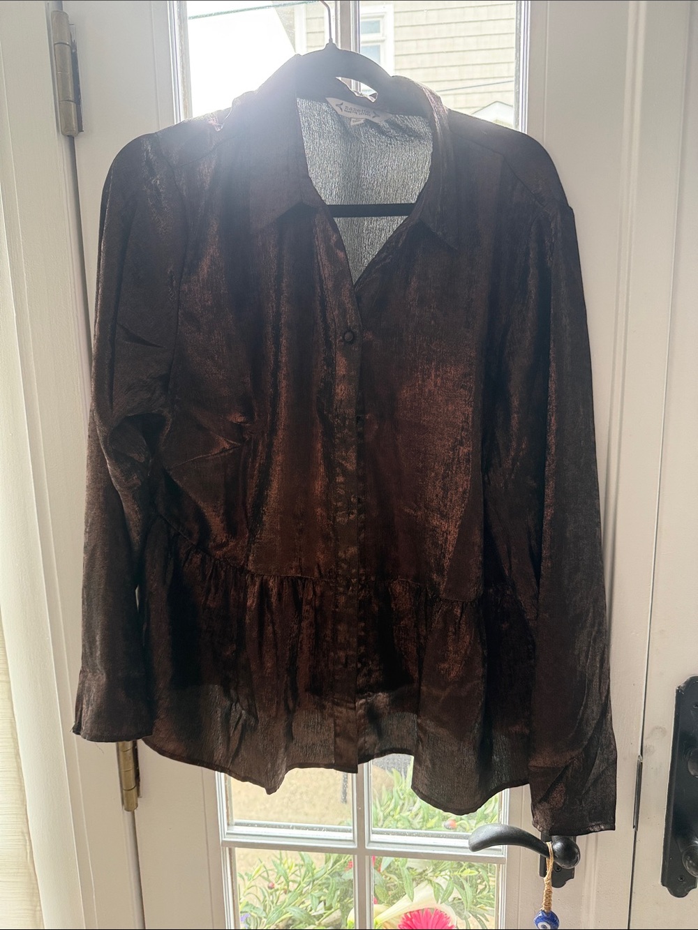 Nanette Lepore Shimmery Dark Brown Button-Front Peplum Shirt